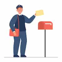 Free vector postman holding envelope with letter, standing near mailbox. funny man with bag, cap and uniform of mailman delivering postal package to letterbox flat vector illustration. mail, delivery concept