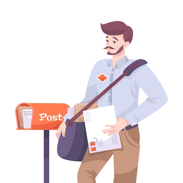 Free Vector postman with bag holding letter near letterbox flat