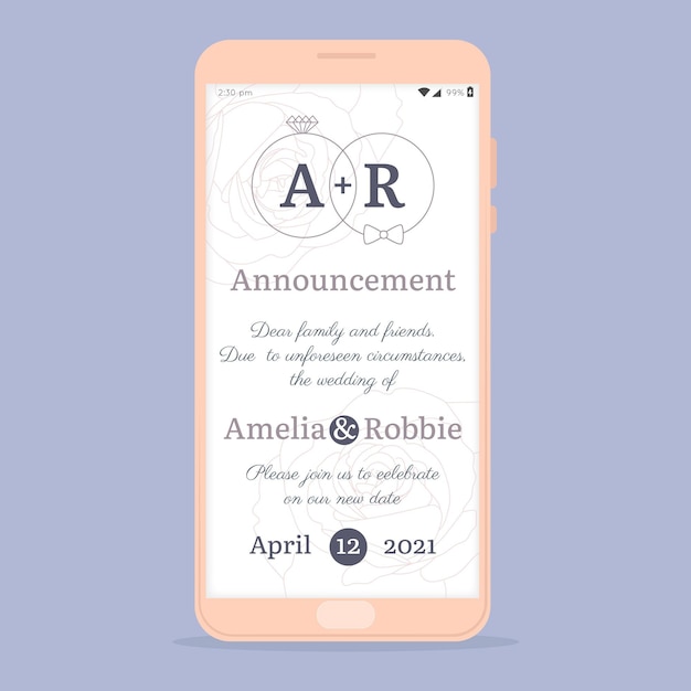 Postponed wedding announcement smartphone concept