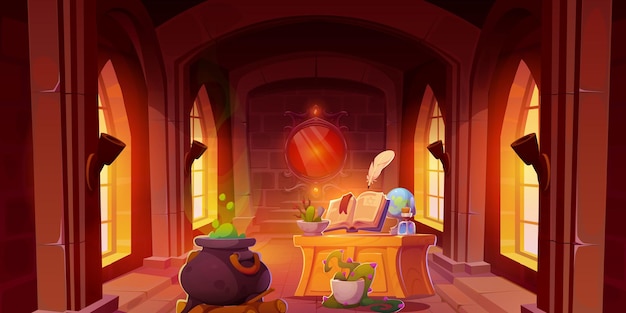 Free Vector potion boiling in witch cauldron in castle room