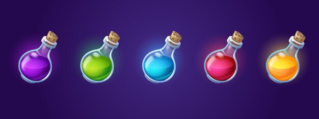 Potion bottles with magic elixir cartoon flasks