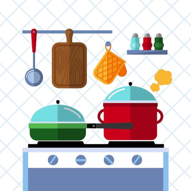 Free Vector pots and pans on a stove, kitchen cooking flat concept background.