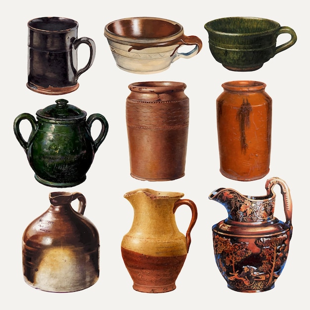 Pottery jugs and mugs vector design element set, remixed from public domain collection