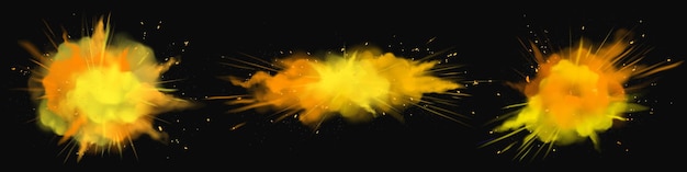 Powder Holi paints orange, gold, yellow explosion clouds, ink splashes, decorative vibrant dye for festival isolated on black