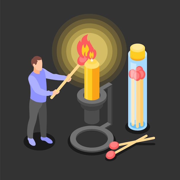 Free Vector power outage isometric design concept with man lighting big candle by giant match 3d vector illustration