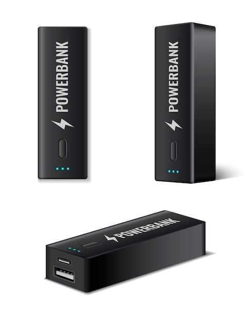 Free Vector powerbank realistic icons set with black battery charger devices isolated vector illustration