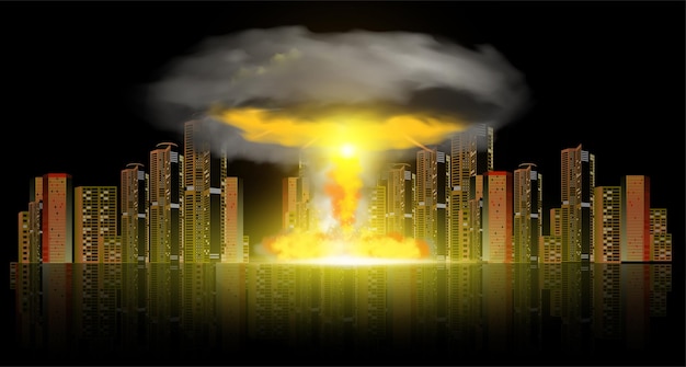 Free vector powerful nuclear bomb explosion dropped on city realistic composition with skyscrapers on black background vector illustration