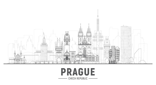 Prague Czech Republic line city skyline in white background Vector Illustration Business travel and tourism concept with modern buildings Image for banner or website