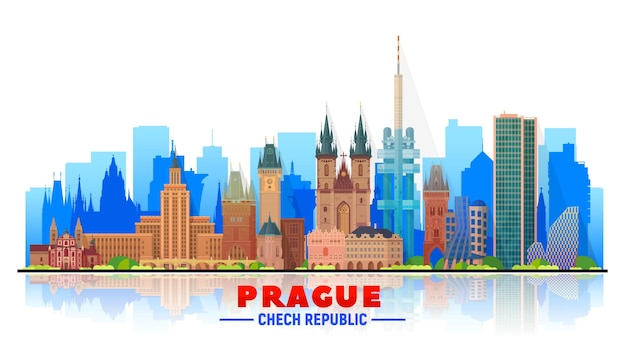 Prague ( Czech Republic ) skyline with panorama in white background. Vector Illustration. Business travel and tourism concept with modern buildings. Image for banner or web site.