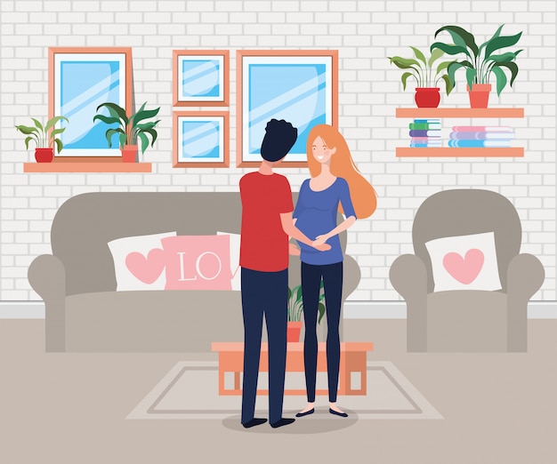 Pregnancy couple in livingroom scene