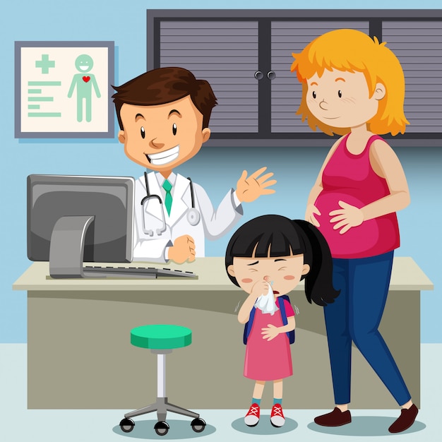 Pregnant mother with sick girl meeting doctor