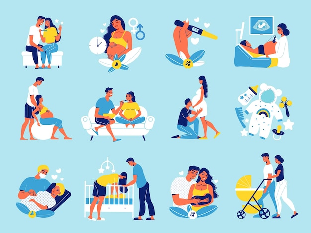 Free Vector pregnant motherhood set of isolated icons with human characters of loving couple waiting for the baby vector illustration