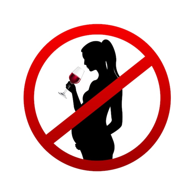 Pregnant woman silhouette drinking wine from glass in stop symbol vector illustration