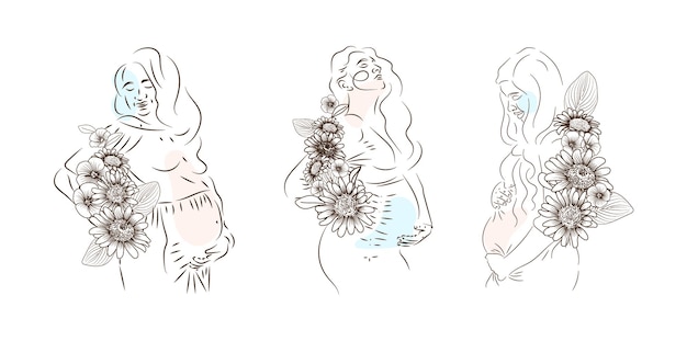 Pregnant woman with floral line art set