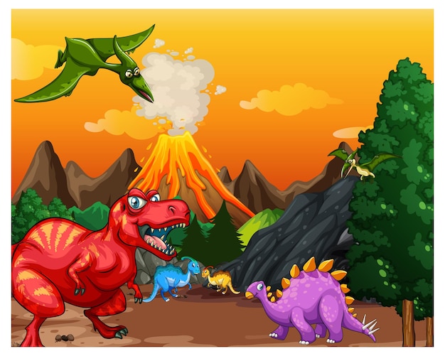 Prehistoric forest scene with various dinosaurs