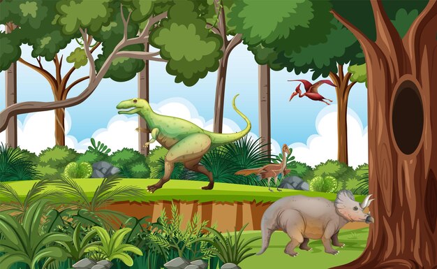 Prehistoric forest with dinosaur cartoon