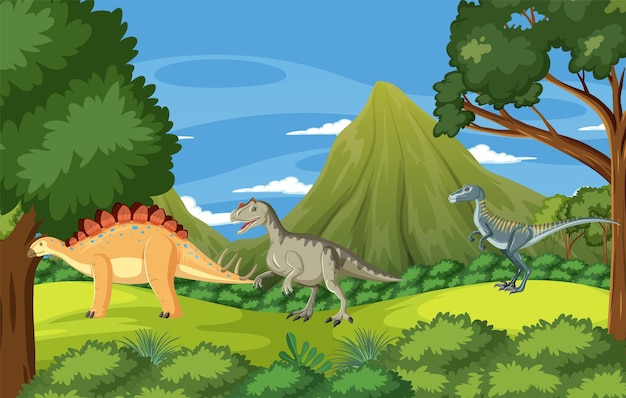 Prehistoric forest with dinosaur cartoon