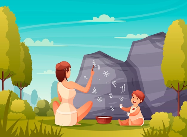 Free Vector prehistoric people rock art flat composition with caveman woman and kid painting on cave wall  illustration