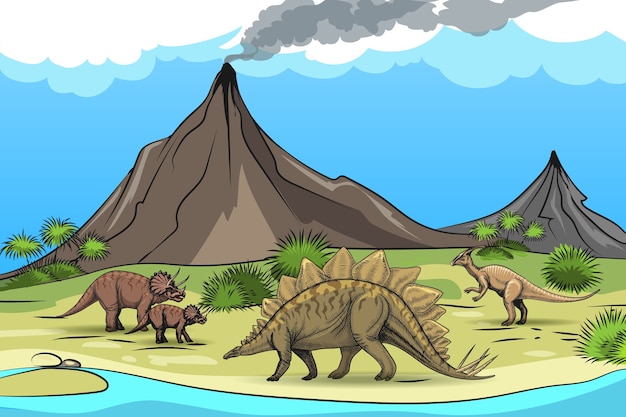 Free Vector prehistory with dinosaurs volcano. nature and reptile, tree palm, cartoon wild animal