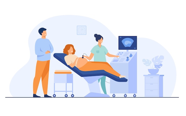 Prenatal care . Sonographer scanning and examining pregnant woman while expecting father looking at monitor. Vector illustration for medical examination, sonography, ultrasound test topics