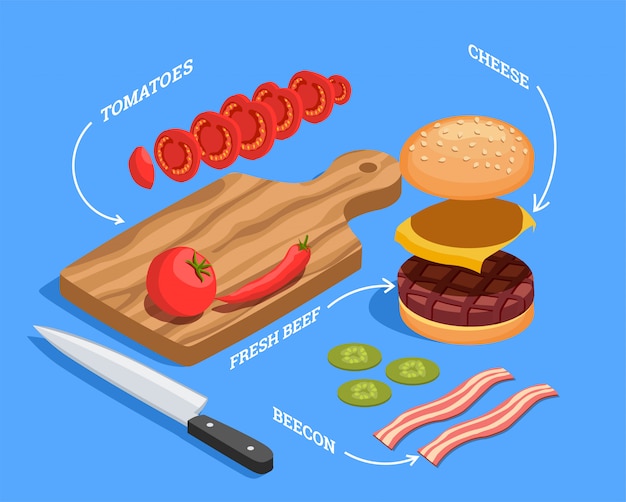 Free Vector preparing cheeseburger isometric composition