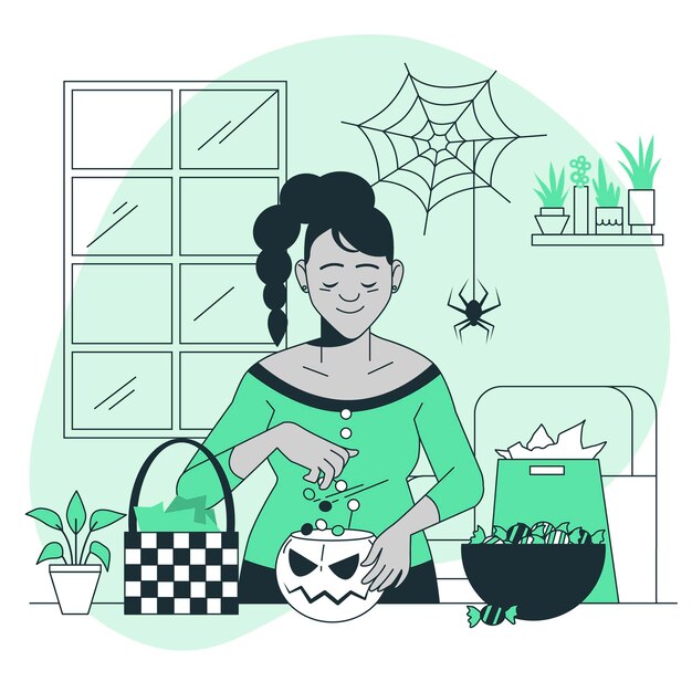 Preparing halloween candies basket concept illustration