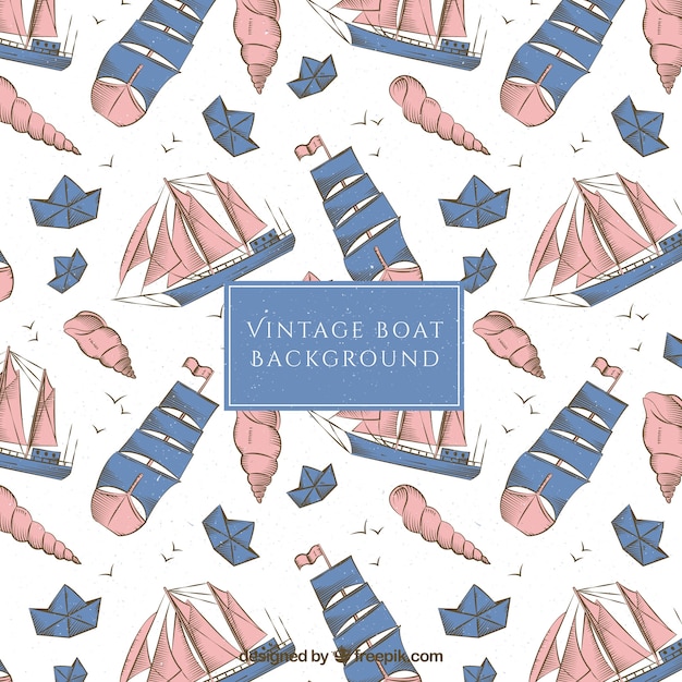 Free vector pretty background with boats and shells in vintage style