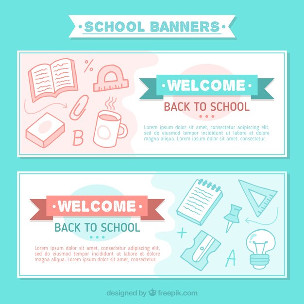 Pretty banners with school material drawings