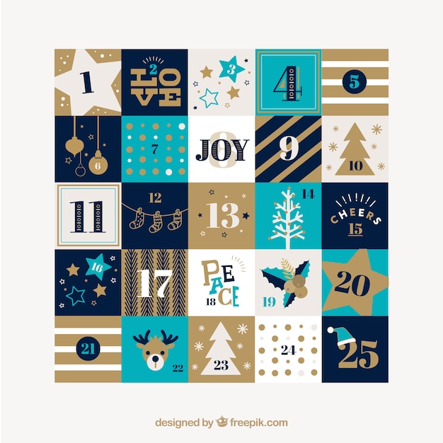 Free vector pretty christmas calendar with ornaments and stripes