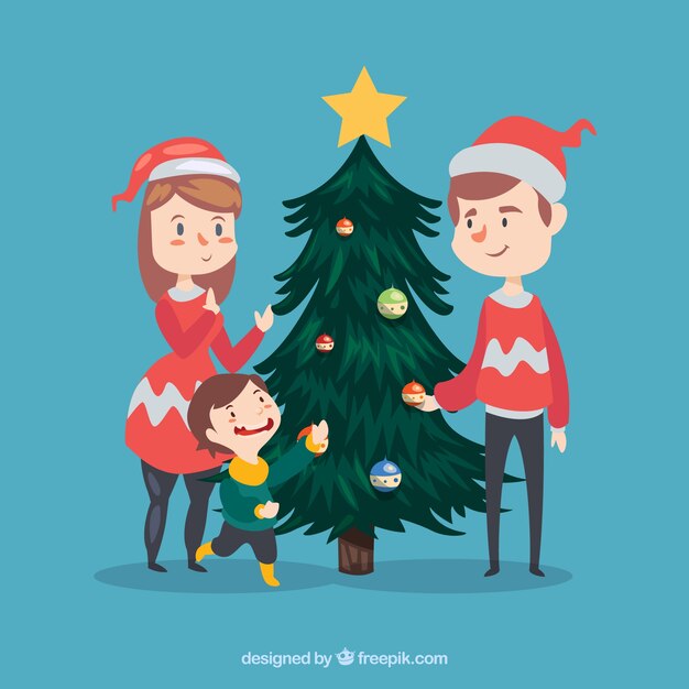 Pretty family decorating christmas tree with santa claus hat