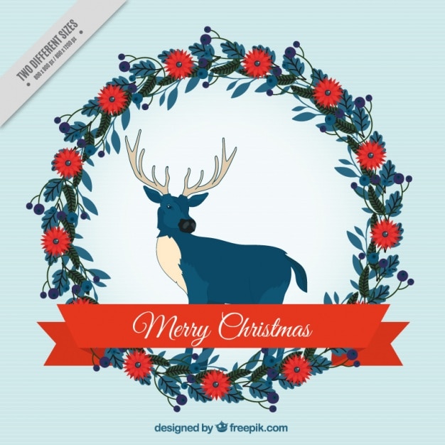 Free vector pretty floral wreath christmas background with hand drawn reindeer