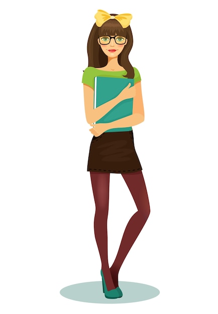 Free vector pretty girl student with glasses and book in hand vector illustration