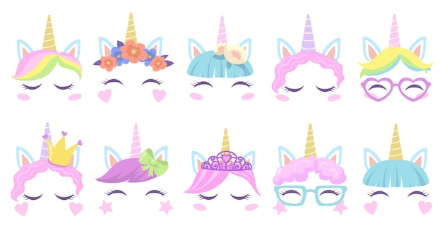 Pretty pony unicorns faces flat set