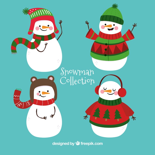 Free vector pretty snowmen with winter accessories