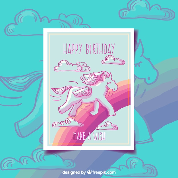 Free Vector pretty unicorn and rainbow birthday card