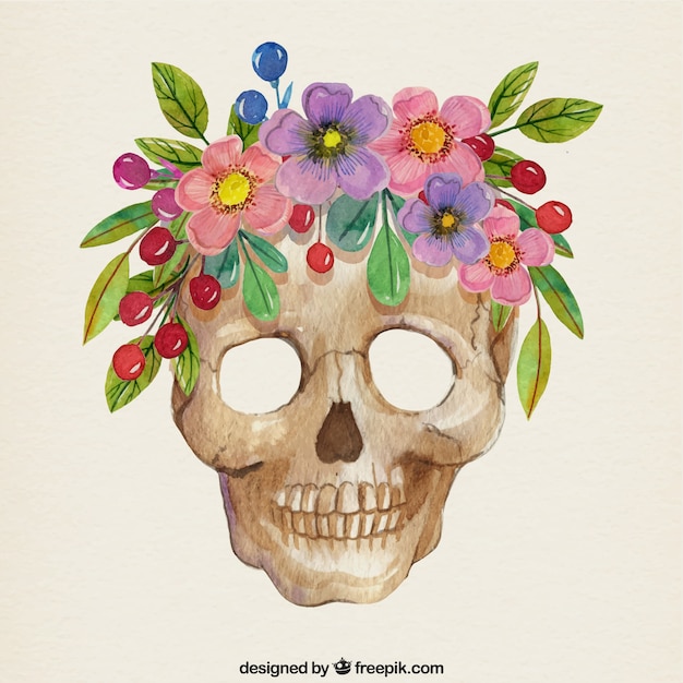 Free Vector pretty watercolor skull with flowers