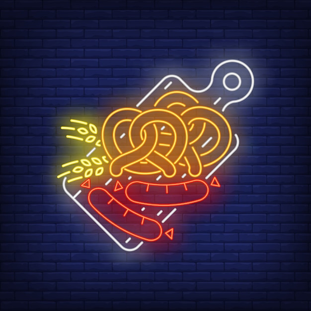 Free vector pretzels, sausages and barley ears on cutting board neon sign