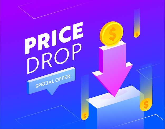 Price Drop Sale Banner with Typography. Blue banner with Coins and Arrow for Shopping Discount