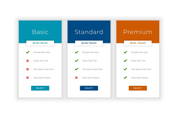 Price table comparison template with basic to premium option