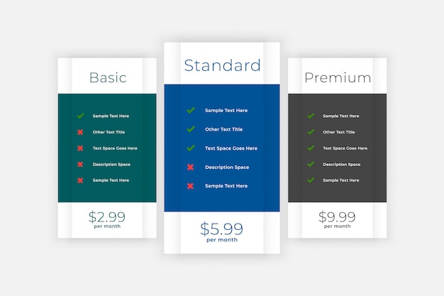 Pricing table comparison box for website and app