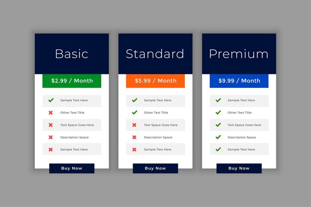 Pricing table interface template for business