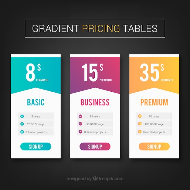 Free Vector pricing table pack