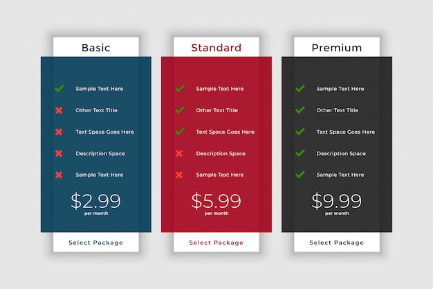 Pricing table template for website and application