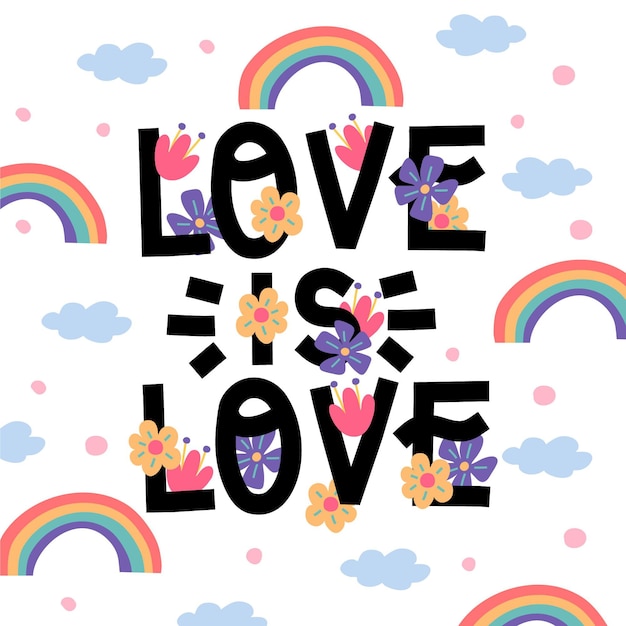 Free vector pride day lettering with rainbows and flowers