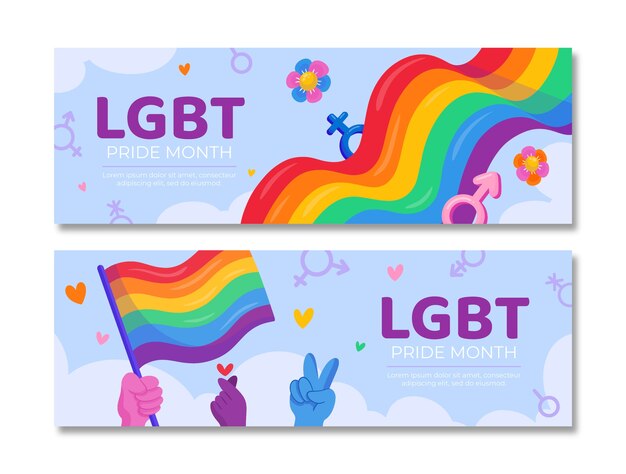 Pride month flat lgbt pride horizontal banners pack