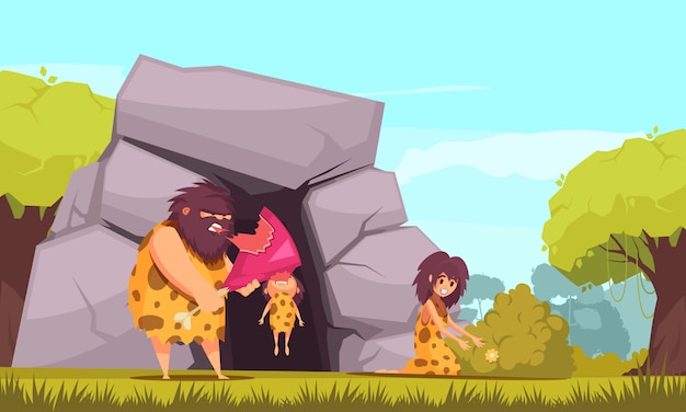 Free vector primitive man cartoon with caveman family dressed in animal pelts eating meat near their cave