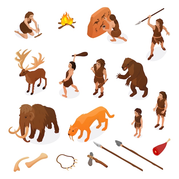 Free Vector primitive people life isometric set with hunting weapons starting fire rock painting dinosaur mammoth isolated illustration