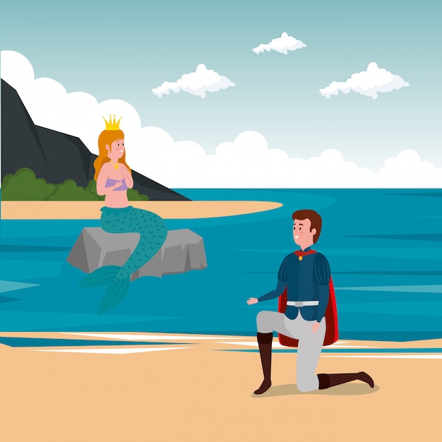 Free Vector prince with mermaid in scene fairytale