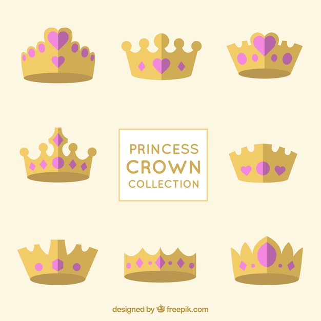 Free Vector princess crown collection with pink heart jewels