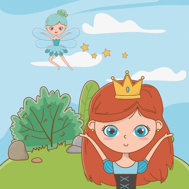 Free Vector princess and fairy of fairytale  